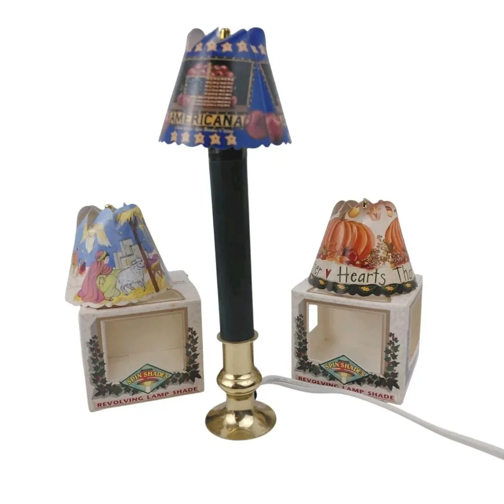 Spin Shades Vtg Lamp Green Candelstick & 3 Shades Americana Autumn Christmas